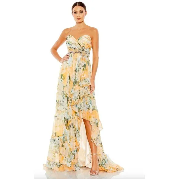 chinese dress ladies Striped Organza Strapless Ruffle Maxi Dress main image 0
